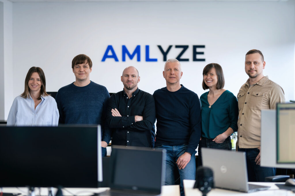 AMLYZE co-founders and experts (from left) Jekaterina Govina, Gabrielius Bilkštys, Alexandre Pinot, Mindaugas Petrauskas, Eglė Kontautaitė, Aleksandr Lazutkin