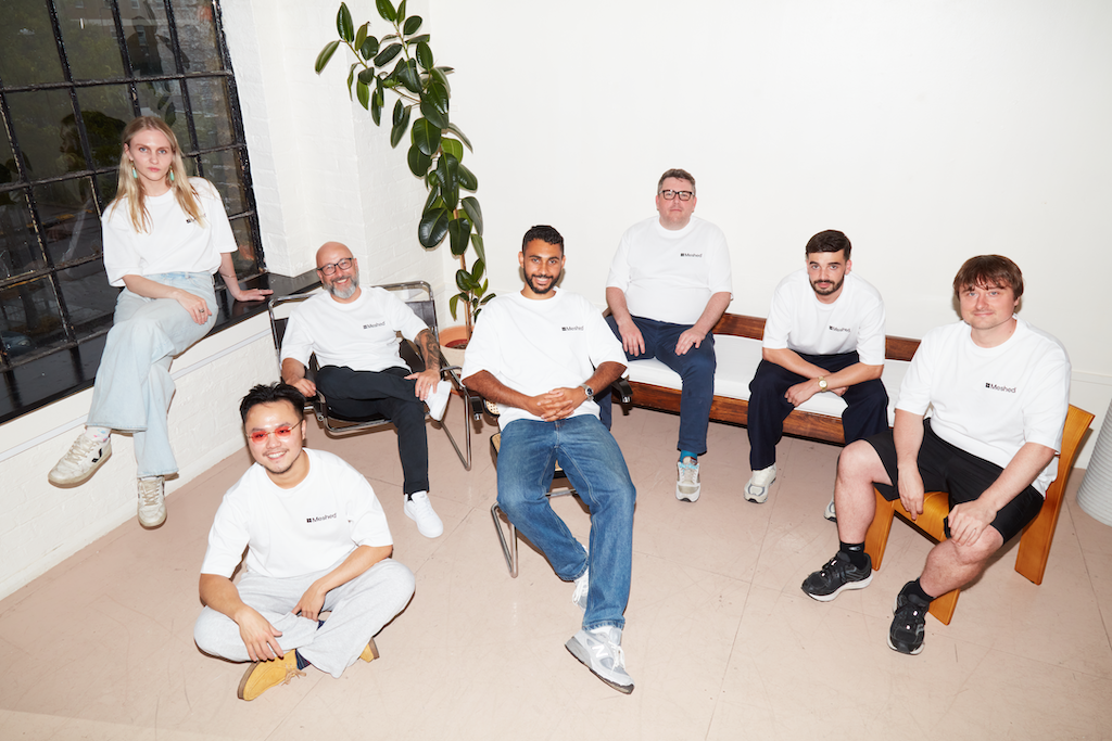 The whole Meshed team with founders pictured (L–R) Vincent Liu, CTO; Jake Wells, COO; and Mark Costello, CEO.