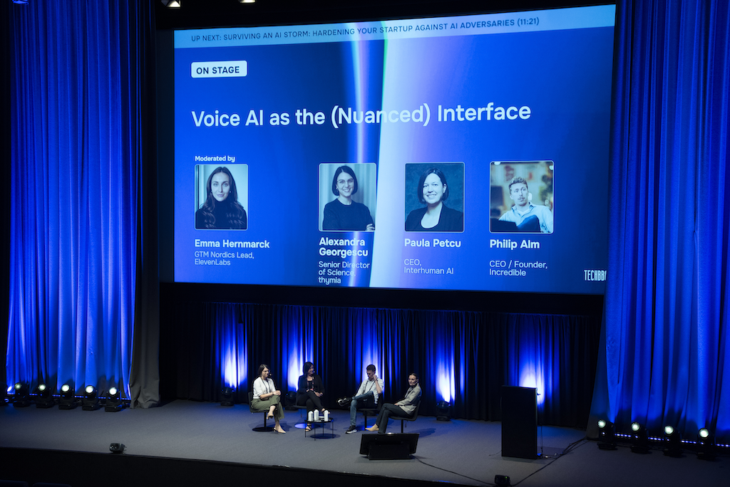 Paula Petcu, co-founder and CEO of Interhuman AI, speaking at TechBBQ 2026 in Copenhagen